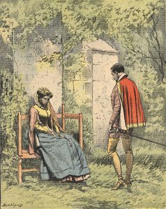 Bussy und Diane, bekannt als Madame de Monsoreau, im Garten vor der Kirche. Illustration des Romans „La Dame de Monsoreau“ von Alexandre Dumas im „Journal des romans populaires illustrés“