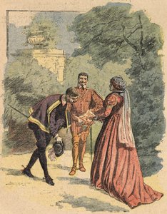 Bussy grüßt Jeanne, begleitet von Saint Luke, im Park. Illustration des Romans „La Dame de Monsoreau“ von Alexandre Dumas, in „Journal des novels populaires illustrés“ von Unknown artist