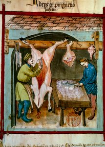 Schlachtung: das Zerlegen eines Schweins, Illumination aus dem „Tacuinum sanitatis“