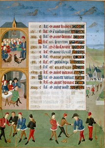 Kalender: Februar, die verschiedenen Spiele: eine Art Cricket, die Hahnenkämpfe. Miniatur des Meisters von Jean Rolin aus dem Manuskript „Die Stunden von Adelaide von Savoyen, Herzogin von Burgund“