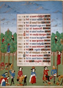 Kalenderseite für den Monat Oktober: „Landwirtschaftliche Arbeiten, Obsternte“. Illuminiert aus dem „Stundenbuch der Herzogin von Burgund, Adelaide von Savoyen“ von Unknown artist