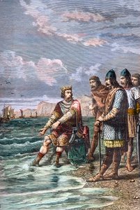 Knut der Große überzeugt seine Berater, dass er nicht die Macht hat, die Flut zu stoppen - König Knut II. der Große (Knud I. der Große) (um 995-1035), König von England ab 1016, von Dänemark ab 1018 und von Norwegen ab 1030 - Er zeigt seinen Höflingen, das von Unknown artist