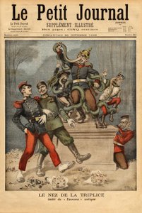 Karikatur-Allegorie über das Dreibund oder die Dreifachallianz zwischen Deutschland, Österreich-Ungarn und Italien, die das Vorbeiziehen der anderen europäischen Allianz, Frankreich mit Russland, beobachtet. Gravur in „Le petit journal“ 25/10/1896. Sammlun