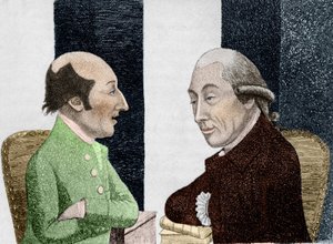 Karikatur von James Hutton (1726 - 1797) links und Joseph Black (1728 - 1799) rechts (Gravur Anfang des 19. Jahrhunderts)