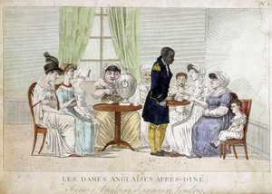 Karikatur über englische bürgerliche Frauen des 19. Jahrhunderts: „Englische Damen nach dem Essen“. Ein schwarzer Diener serviert ihnen Tee auf einem Tablett von Unknown artist