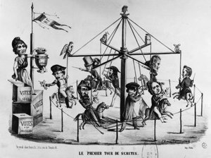 Karikatur zur ersten Runde der Präsidentschaftswahlen von 1848. Louis-Napoleon Bonaparte symbolisiert mit dem Adler