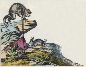 Der Kater fängt ein Kaninchen. Illustration des Märchens „Der gestiefelte Kater“ von Charles Perrault von Unknown artist