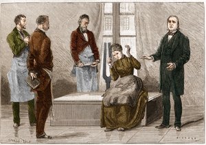 Katalepsie unter dem Einfluss von Klang (Stimmgabel). Der französische Neurologe Jean Martin Charcot (1825-1893) (rechts) demonstriert Hypnose an einem Patienten im Krankenhaus Salpêtrière. Illustration aus „Nature“ 1879