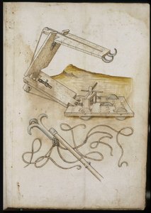 Katapult- und Hakensystem - Manuskript: Pergamentblatt aus einem Ingenieurshandbuch für den Bau ziviler, religiöser und militärischer Gebäude, anonym, spätes 15. Jahrhundert (Figur in chinesischer Tinte) von Unknown artist