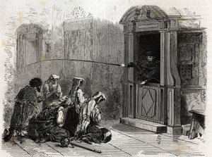 Katholische Gläubige im Gebet, die gewöhnliche Buße empfangen, Peitschenhiebe, die von einem Priester aus dem Beichtstuhl verabreicht werden. Illustration der Geschichte der Karwoche in Rom, 1863, von Ludovic Celler, in 