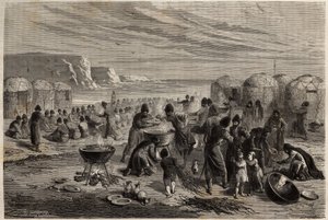 Cauda-yoli, das jährliche turkmenische religiöse Fest, um Gottes Schutz für die Familie und das Vieh zu bitten, organisiert von einer Familie, die zu diesem Anlass etwa fünfzehn Schafe opfern kann, und zu dem die ganze Gemeinschaft eingeladen ist. Gravur