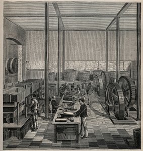 Zelluloid: Zelluloidherstellung. Gravur von 1885 in „Les arts et métiers illustrés“ von Adolphe Bitard.