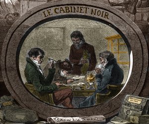 Zensur im 19. Jahrhundert: Unter dem Ancien Régime wird der Dienst „Schwarzes Kabinett“ genannt, der für die Überprüfung privater Korrespondenz aus Sicherheitsgründen verantwortlich ist. Gravur des 19. Jahrhunderts. von Unknown artist