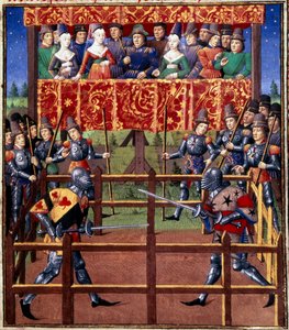 Zeremonien und Verordnungen als Kampfversprechen: Duell auf geschlossenem Feld zwischen zwei Rittern Miniatur aus einem Manuskript von Jean de Rolin (15. Jahrhundert) 1460 Paris, B.N.