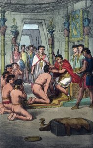 Zeremonie in der Inka-Hauptstadt Cuzco: Manco Capac (Ayar Manco) verleiht den Prinzen des Blutes Auszeichnungen, indem er ihre Ohren durchbohrt - Gravur aus 