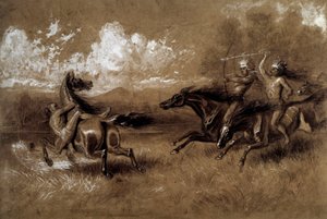 Angriff von Indianern zu Pferd gegen einen Feind eines anderen Stammes. Anonyme Zeichnung aus dem 19. Jahrhundert. La Rochelle, Musée du Nouveau Monde von Unknown artist