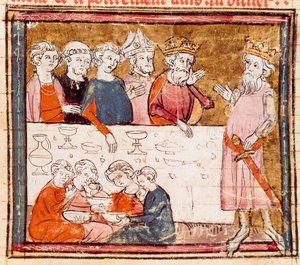 Karl der Große (742-814) und sein Neffe der Reiter Roland bei einem Bankett mit den Armen. Miniatur aus „Grandes Chroniques de France“ 1375-1379 Städtische Bibliothek, Castres von Unknown artist