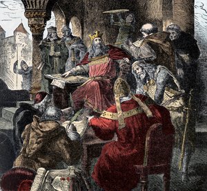 Karl der Große (742 - 814) auf seinem Thron, der die Palastakademie leitet (Stich) von Unknown artist
