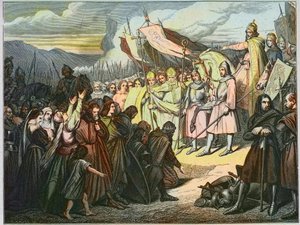 Karl der Große akzeptiert Wittekinds Kapitulation in Paderborn (785) - Sieg von Karl dem Großen (742-814) über den sächsischen Arm von Widukind von Sachsen (Wittekind) im Jahr 785 (Widukind oder Witikind - Widukind der Sachsenkriege: germanischer Anführer  von Unknown artist