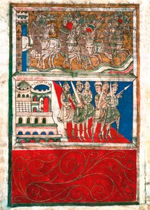 Karl der Große und seine Ritter verlassen Aachen und gehen nach Santiago de Compostela. Miniatur aus „Codex Calixtinus“ (Buch des heiligen Jakobus), um 1140. fol. 162 v. Archive der Kathedrale von Santiago de Compostela, Spanien von Unknown artist