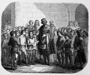 Karl der Große besucht eine Schule - in „Geschichte der Päpste, Könige, Königinnen, Kaiser durch die Jahrhunderte“ von Maurice Lachatre von Unknown artist