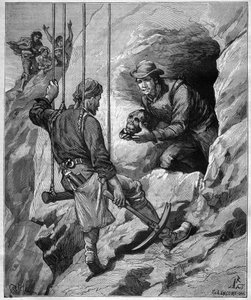 Charles Wiener (1851-1913) französischer Entdecker und Diplomat, der eine Grabeshöhle in Peru erkundet - Gravur im Journal des Voyages, 1887 von Unknown artist