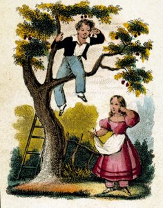 Kirschen pflücken - Chromolithografie, Ende 19. Jahrhundert
