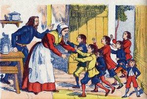 Rückkehr der Kinder. Illustration zu „Der kleine Däumling“ von Charles Perrault
