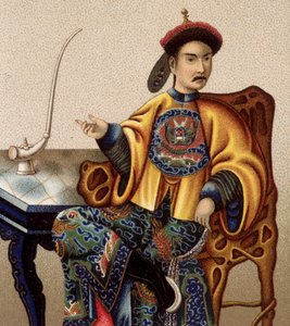 Chinesischer Aristokrat sitzt und raucht Opium - 19. Jahrhundert