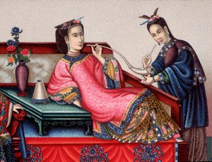 Chinesischer Aristokrat sitzt und raucht Opium - 19. Jahrhundert