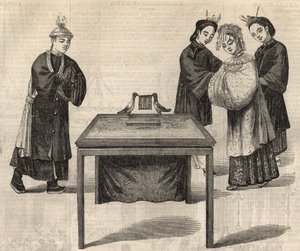 Chinesischer Brauch: Unterzeichnung eines Ehevertrags. Eine Tafel mit den Namen der beiden Ehepartner wird auf einen Tisch mit zwei Tauben gestellt. Gravur in „The Illustrated London News“ vom 14. Februar 1857. von Unknown artist