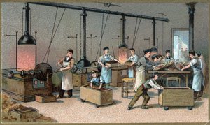 Schokoladenherstellung. Kakaorösterei. Chromolithographie aus dem späten 19. Jahrhundert.