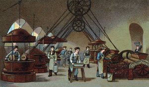 Schokoladenherstellung: Mahlwerkstatt. Chromolithographie aus dem späten 19. Jahrhundert