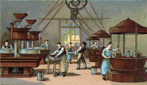 Schokoladenherstellung, Mischraum. Chromolithographie Ende des 19. Jahrhunderts