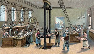 Schokoladenherstellung: Formen. Chromolithographie aus dem späten 19. Jahrhundert.