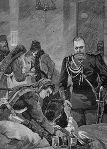 Cholera in Russland 1892: Alexander III., Kaiser von Russland und seine Frau Maria Feodorovna, Kaiserin von Russland, besuchen ein Krankenhaus. Gravur von 1892 von Unknown artist