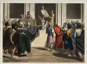 Christus vor Pontius Pilatus: Da das Volk den Tod Jesu wollte und er einen Aufruhr fürchtete, nahm Pilatus Wasser, wusch seine Hände vor der Menge und sagte: „Ich bin unschuldig an diesem Blut; es ist eure Sache.“ Anonyme Gravur aus der Mitte des 19. Jahrh