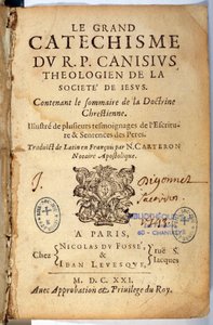 Christliche Religion: Titelseite des großen Katechismus. Werk von Pierre Canisius (17. Jahrhundert)