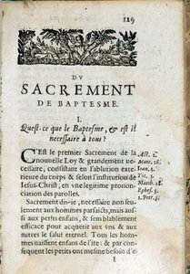 Christliche Religion: Innenseite des Buches „Der große Katechismus“. Werk von Pierre Canisius (17. Jahrhundert)