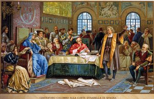 Christoph Kolumbus am Hof von Isabella I. von Spanien, genannt die Katholische oder Kastilien. Chromolithographie des 19. Jahrhunderts von Unknown artist