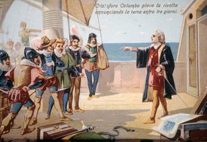 Christoph Kolumbus stoppte die Meuterei der Besatzung, indem er die Landung in drei Tagen ankündigte. Chromolithographie 19. Jahrhundert. von Unknown artist