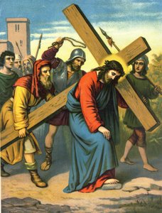 Chromolithographie des späten 19. Jahrhunderts, die das Leben Christi darstellt: Jesus trägt sein Kreuz. von Unknown artist