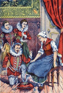 Aschenputtel probiert den Schuh an. Anonyme Illustration für „Aschenputtel“, Märchen von Charles Perrault (1628-1703), französischer Schriftsteller. Bildmaterial Marcel Vagne, Jarville Nancy, undatiert (spätes 19. Jahrhundert) von Unknown artist