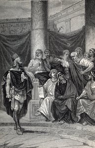 Cineas, wichtiger Berater von König Pyrrhus, versucht nach der Schlacht von Heraclea 280 v. Chr. mit den Römern zu verhandeln, Gravur 1884 von Unknown artist