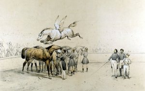 Zirkusvorstellung: Ein geflügeltes Pferd springt über drei verblindete Pferde. von Unknown artist