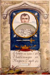 Geheime Propaganda gegen Kaiser Napoleon I. (1769-1821), sein Porträt ist über dem von Clovis, Karl dem Großen und Hugues Capet dargestellt von Unknown artist
