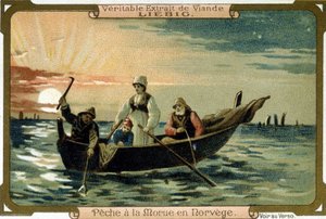 Dorschfischerei in Norwegen. Verpackung von Liebig-Produkten