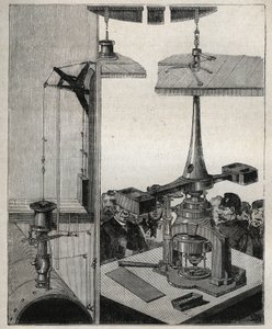 Münze: Die Dampfwaage der Londoner Münze. Gravur von 1885 in „Les arts et métiers illustrés“ von Adolphe Bitard.