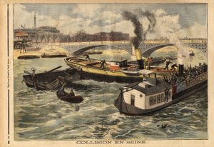 Kollision auf der Seine zwischen einem englischen Dampfschiff und einem Pariser Omnibus-Peniche, in Höhe der königlichen Brücke. Gravur in „Le petit journal“ 7/02/1897. Selva Sammlung.