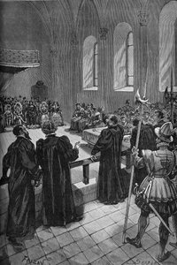Kolloquium von Poissy (1561). Rede des Schweizer Calvinisten Théodore de Bèze (1519-1605) (Mitte, hinten), Leiter der protestantischen Delegation von Unknown artist